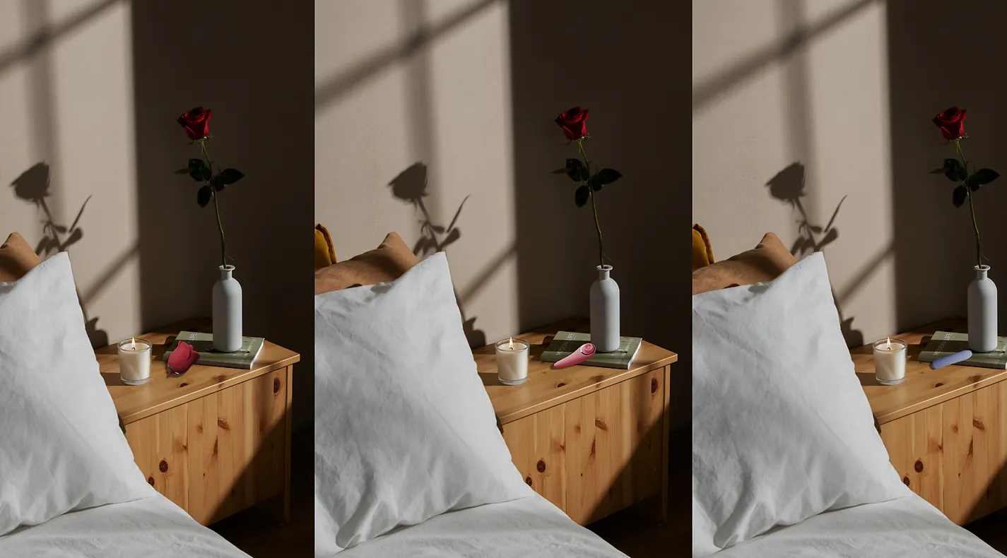 Bedside table with a candle, a rose and an Opal toy
